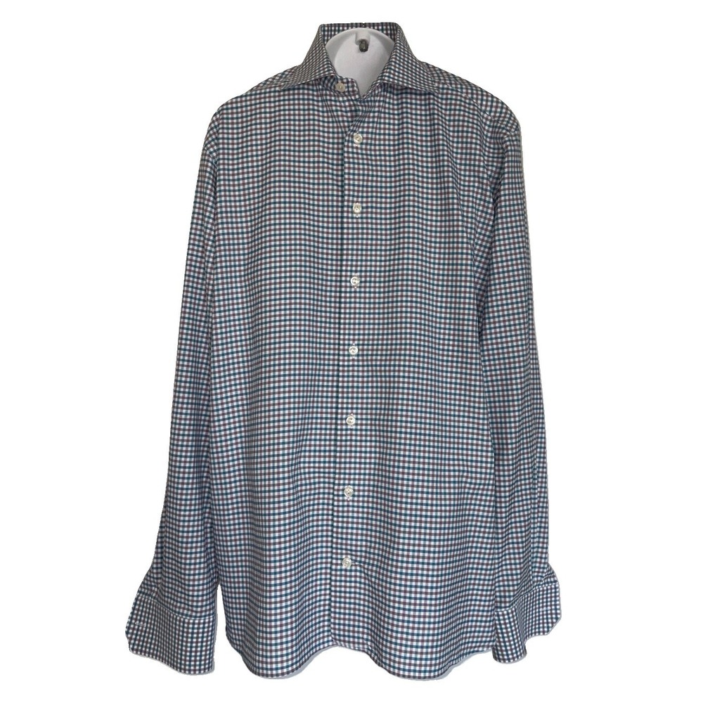 NEW ETON Contemporary Men's Plaid Dress Shirt L 41 / 16 Purple Teal Linen Cotton